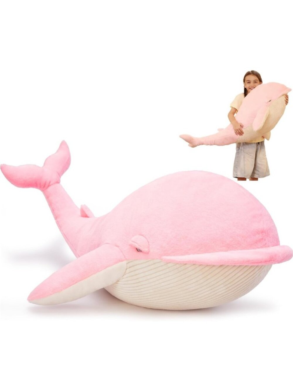 Giant 4ft Pink Whale Plush Stuffed Animal Body Pillow - Soft Hugging Gift for